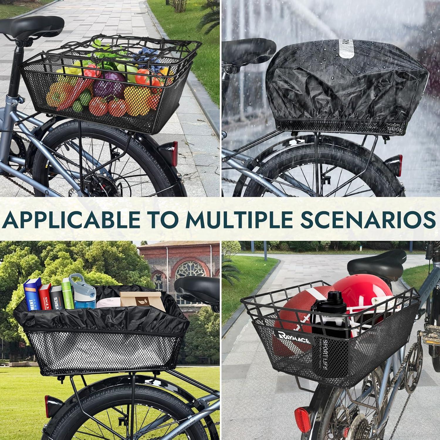 RAYMACE Bike Basket Rear with Cargo Net and Waterproof Cover, Wire Bicycle Basket Large Capacity Storage, Fits for Most Bicycle and Electric Bike with Rear Rack