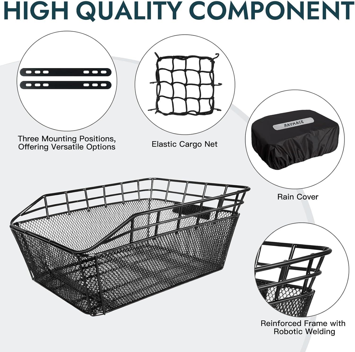 RAYMACE Bike Basket Rear with Cargo Net and Waterproof Cover, Wire Bicycle Basket Large Capacity Storage, Fits for Most Bicycle and Electric Bike with Rear Rack
