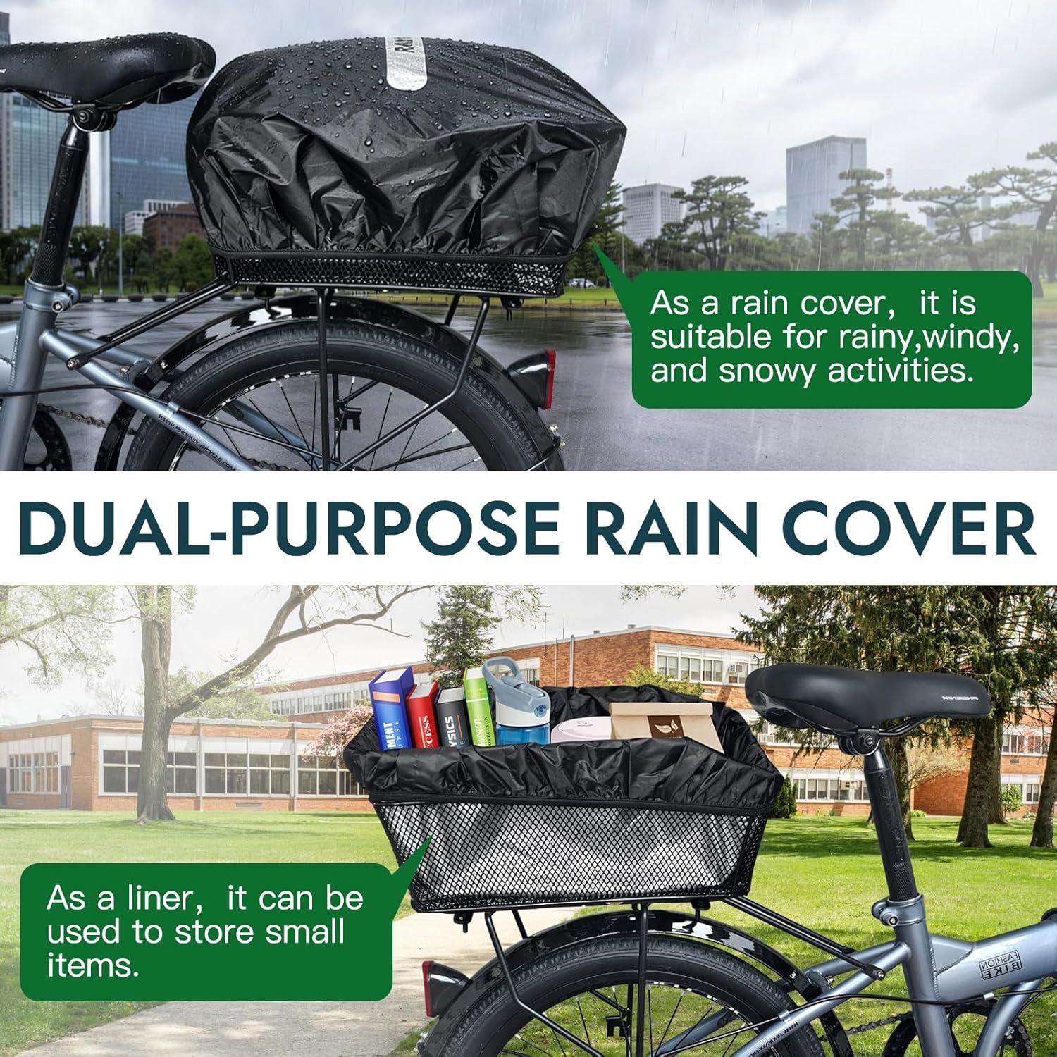 RAYMACE Bike Basket Rear with Cargo Net and Waterproof Cover, Wire Bicycle Basket Large Capacity Storage, Fits for Most Bicycle and Electric Bike with Rear Rack