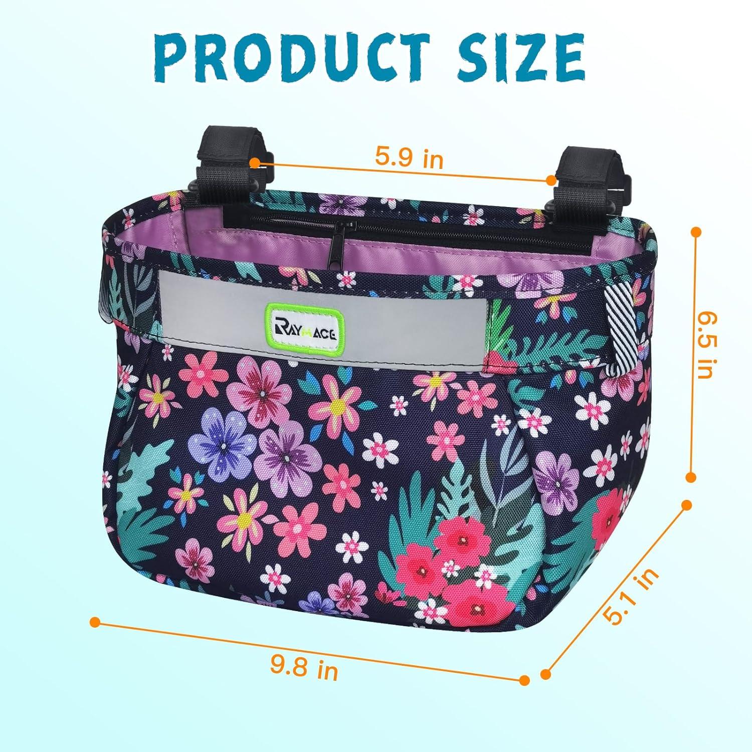RAYMACE Kids Bike Basket,Front Bike Bag,Waterproof Handlebar Bicycle Basket for Girls Boys, Toddlers Bike or Scooter Accessories(purple flower)