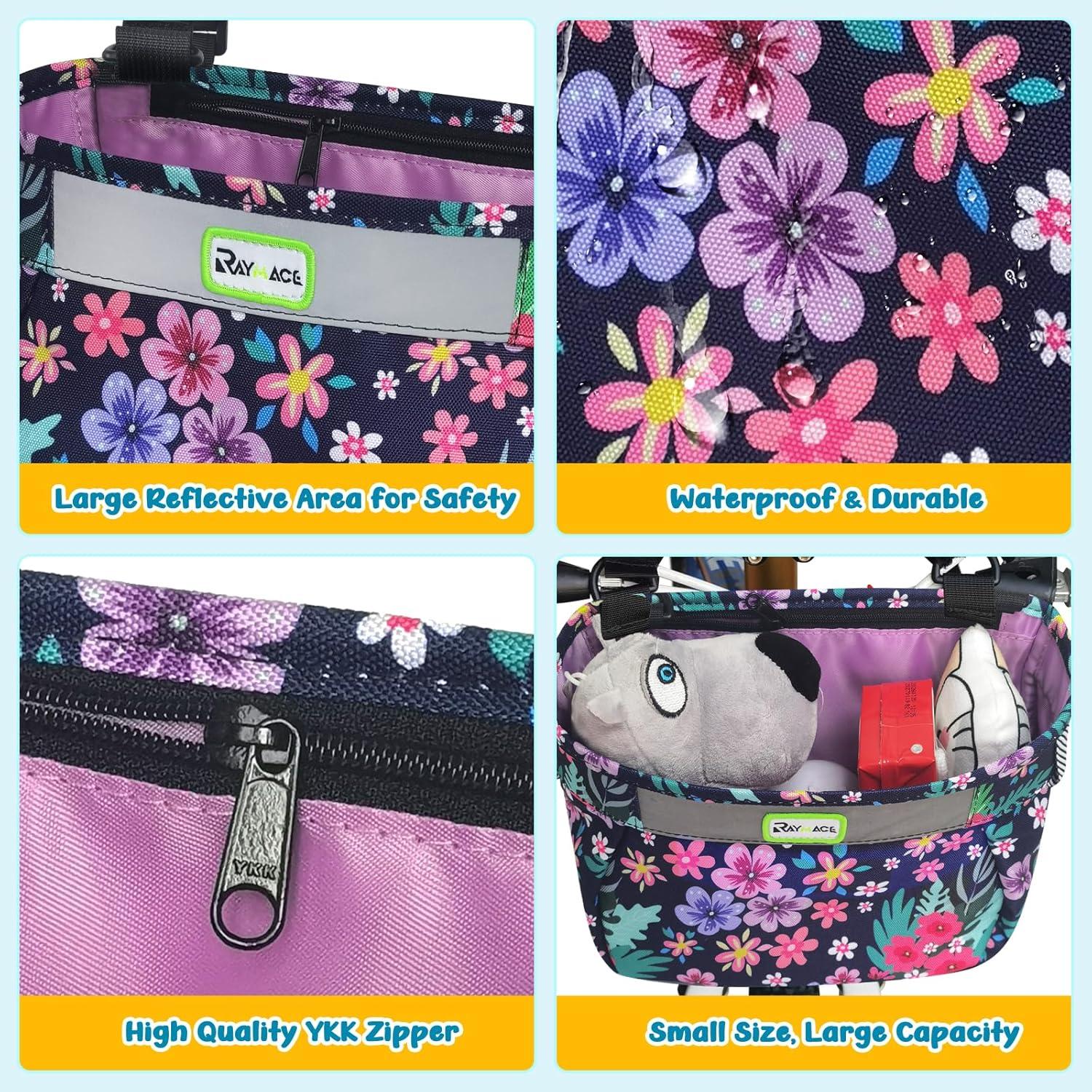 RAYMACE Kids Bike Basket,Front Bike Bag,Waterproof Handlebar Bicycle Basket for Girls Boys, Toddlers Bike or Scooter Accessories(purple flower)