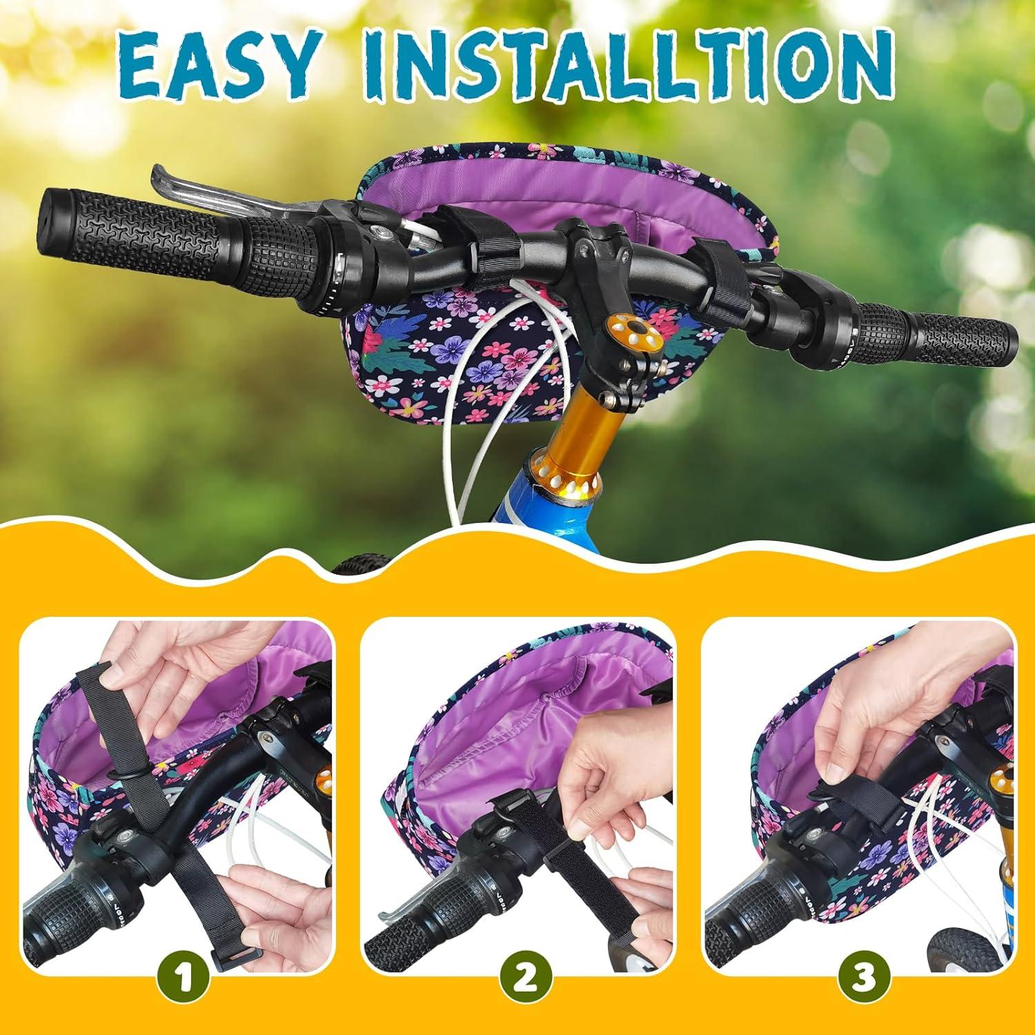 RAYMACE Kids Bike Basket,Front Bike Bag,Waterproof Handlebar Bicycle Basket for Girls Boys, Toddlers Bike or Scooter Accessories(purple flower)