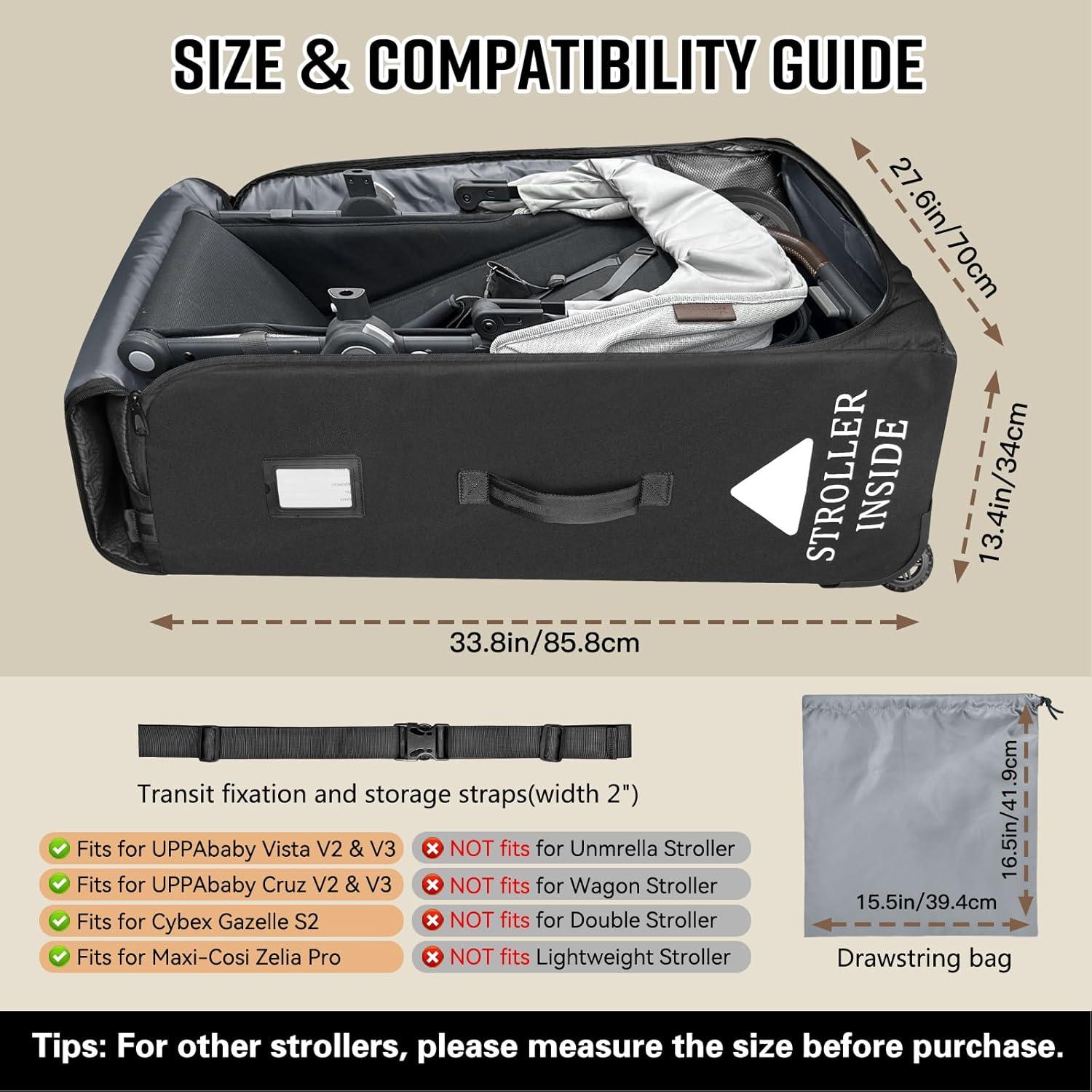 RAYMACE Padded Stroller Travel Bag for Airplane with Wheels Fits to UPPAbaby Vista V2 V3, Cruz V2 V3,Travel Safe Protection Storage Bag, Patterned Design, Black