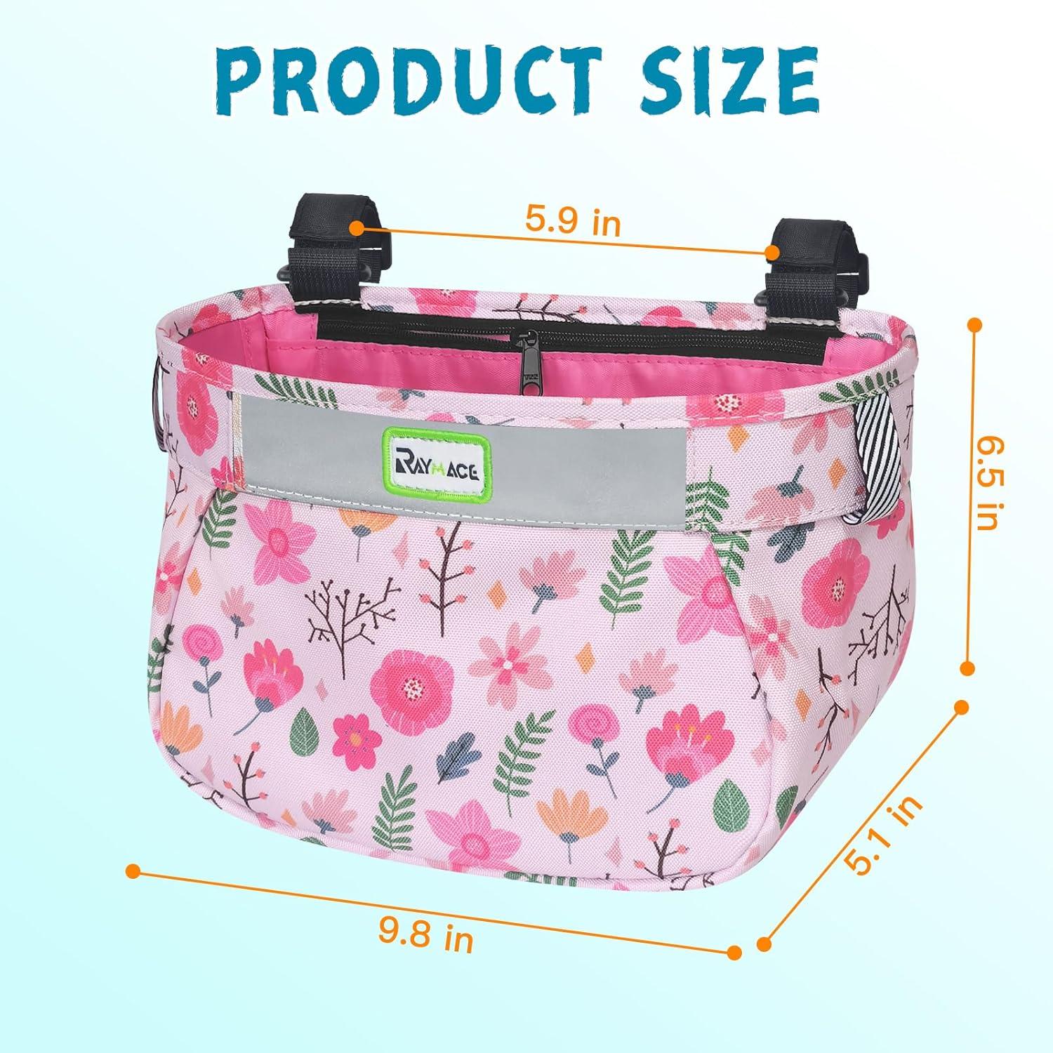 RAYMACE Kids Bike Basket,Front Bike Bag,Waterproof Handlebar Bicycle Basket for Girls Boys, Toddlers Bike or Scooter Accessories(pink flower)