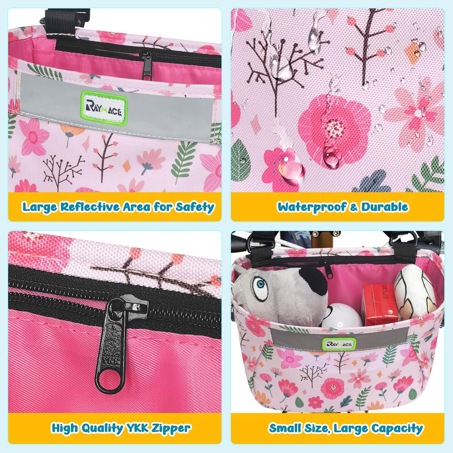 RAYMACE Kids Bike Basket,Front Bike Bag,Waterproof Handlebar Bicycle Basket for Girls Boys, Toddlers Bike or Scooter Accessories(pink flower)