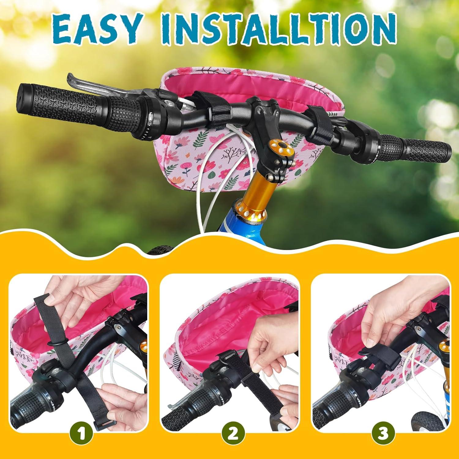 RAYMACE Kids Bike Basket,Front Bike Bag,Waterproof Handlebar Bicycle Basket for Girls Boys, Toddlers Bike or Scooter Accessories(pink flower)