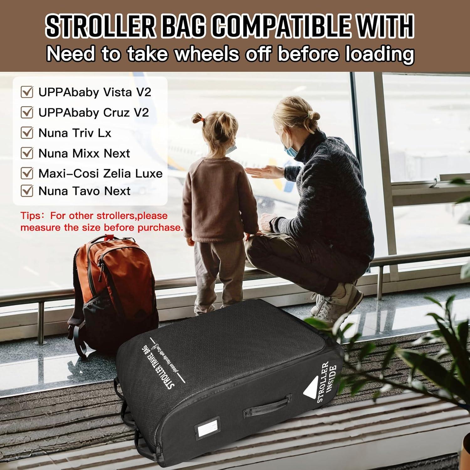 RAYMACE Padded Stroller Travel Bag for Airplane,Stroller Gate check bag with Wheels Fits UPPAbaby Vista V2,Cruz V2(Remove Rear Wheels), Travel Safe Protection Storage Bag, Patterned Design,Black