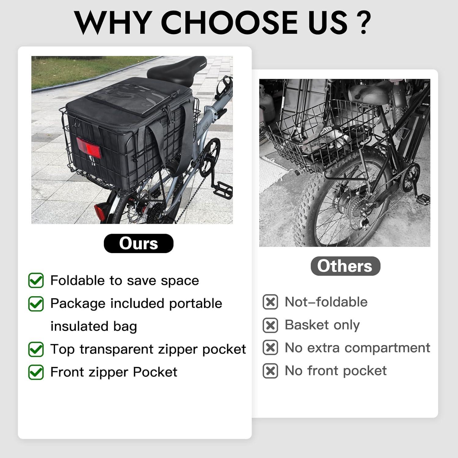 RAYMACE Bike Basket Rear with Cooler Bag and Cargo Net,Waterproof Cover,Folding Bicycle Basket, Quick Release Design Ebike Basket for Adult, Storage Groceries,Bento Lunch,Fruit