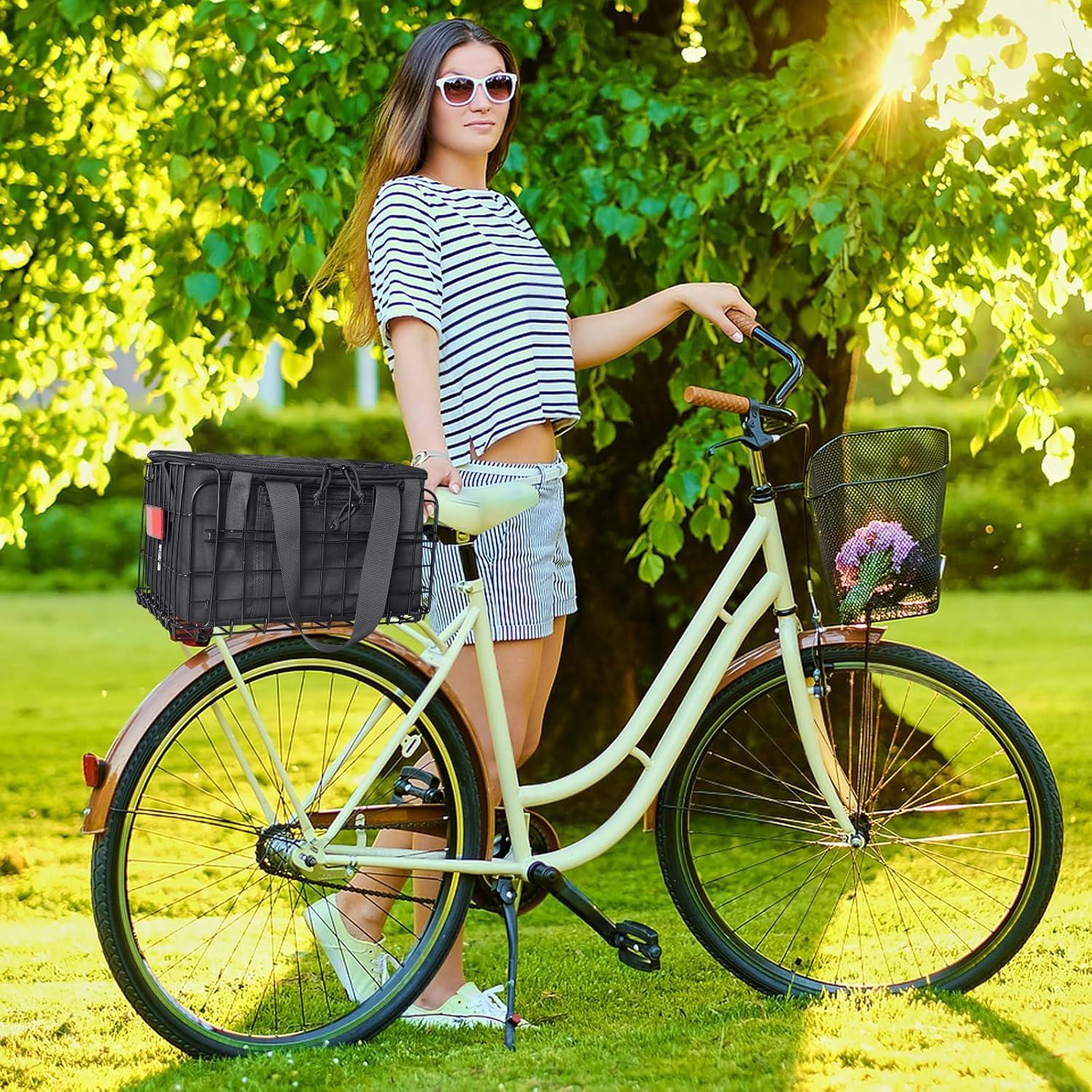 RAYMACE Bike Basket Rear with Cooler Bag and Cargo Net,Waterproof Cover,Folding Bicycle Basket, Quick Release Design Ebike Basket for Adult, Storage Groceries,Bento Lunch,Fruit